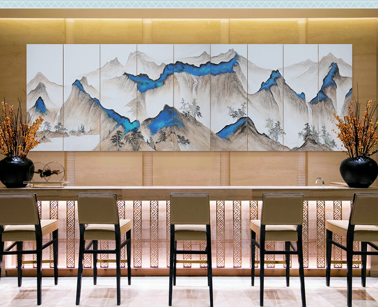 新中式會議室酒店山水風景壁畫 大型高端定制巨幅手繪裝飾畫 南山
