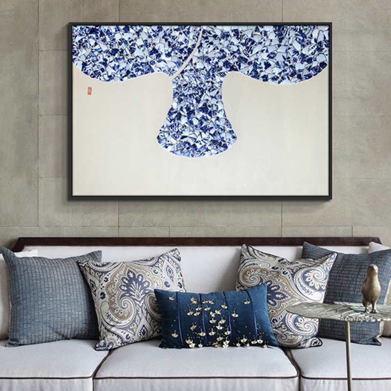 新中式客廳裝飾畫(huà) 餐廳原創(chuàng)純手繪青瓷畫(huà) 臥室環(huán)保PS框掛畫(huà) 青花瓷