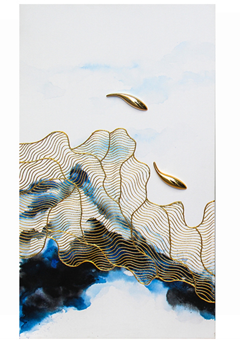 新中式客廳裝飾畫 餐廳原創純手繪金線畫 玄關環保PS框實物畫 魚水情