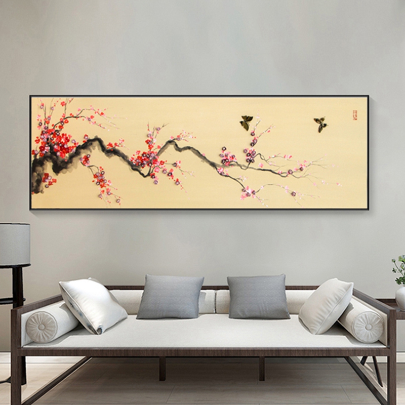新中式客廳裝飾畫 臥室原創實物畫 玄關環保PS框掛畫 紅梅花兒開