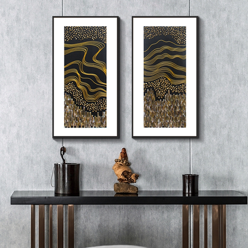 新中式客廳裝飾畫 餐廳原創純手繪線條貝殼畫 玄關鋁合金框實物畫