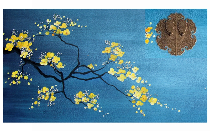 新中式客廳裝飾畫 餐廳原創(chuàng)實物畫 玄關環(huán)保PS框掛畫 黃梅花