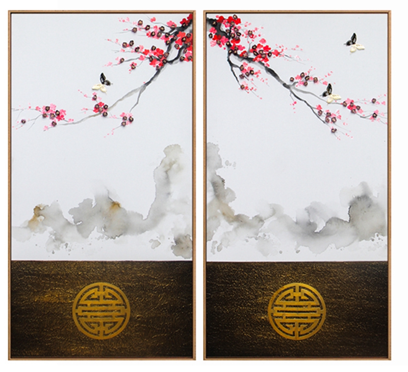 新中式客廳裝飾畫 臥室原創純手繪報春圖 玄關環保PS框掛畫 報春圖